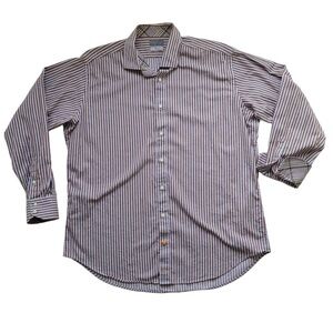 Men's Thomas Dean Blue Brown Striped Shirt XXL 100% Cotton Flip Cuff Casual